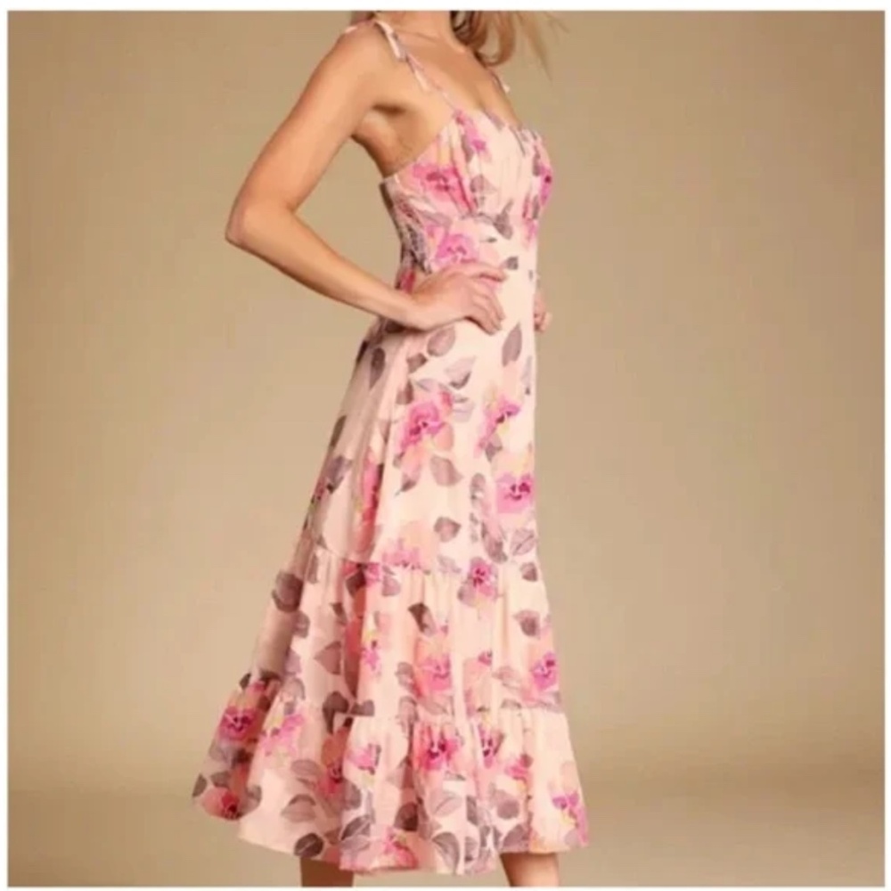 Lulus Tea Party Chic Pink Floral Tiered Midi Dress